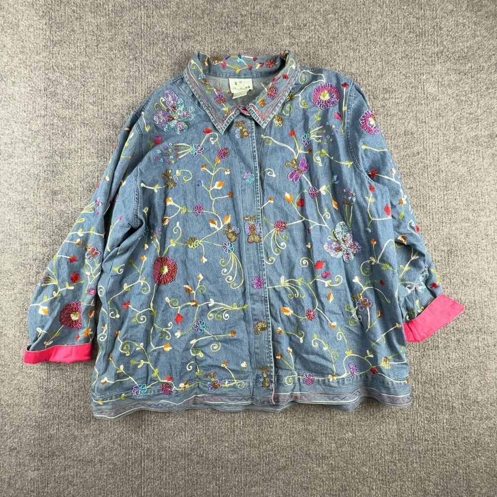 Quacker Factory Shirt Womens 3X Blue Denim Embroidered Floral Sequin Tunic